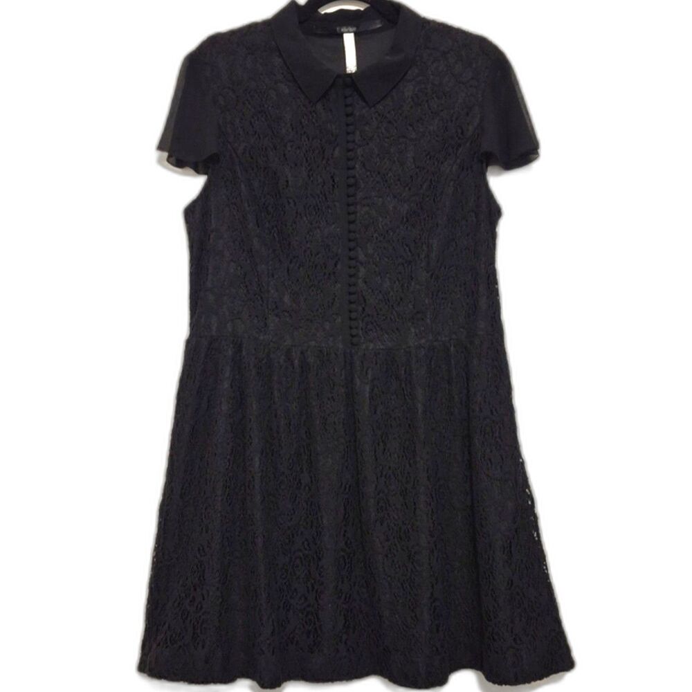 Kensie Black Floral Lace Fit Flare Dress XL Collar Button Front Gothic Romantic